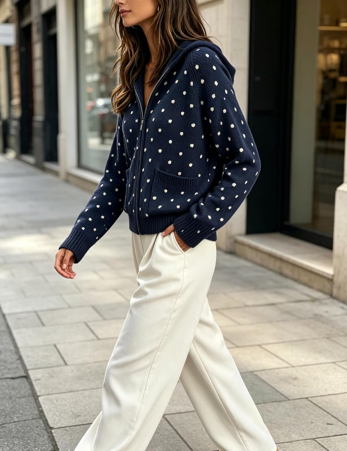image:imageSpringrain Womens Polka Dot Knit Cardigan Hooded Sweater JacketNavy