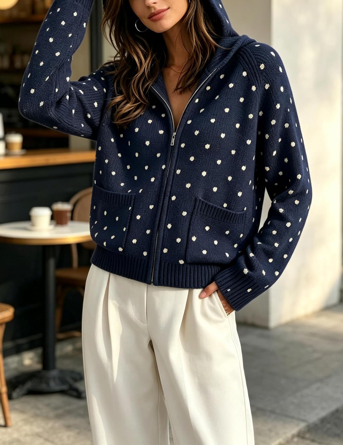 image:imageSpringrain Womens Polka Dot Knit Cardigan Hooded Sweater JacketNavy