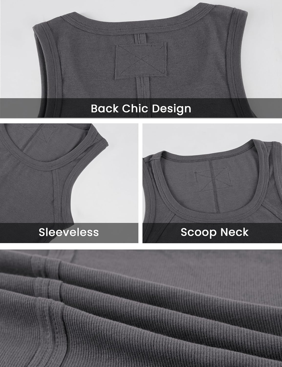image:imageSpringrain Womens Sleeveless Scoop Neck Ribbed Tank Tops Lightweight Fitted Cami Tee ShirtsDarkgrey