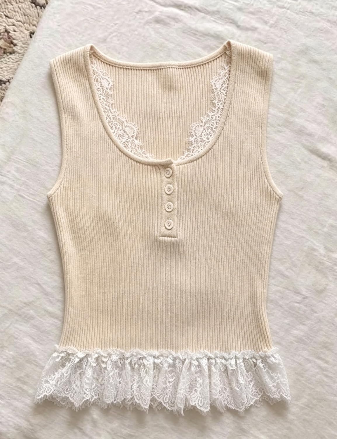 image:imageSpringrain Womens Slim Fit Ribbed Tank Tops with Lace TrimApricot