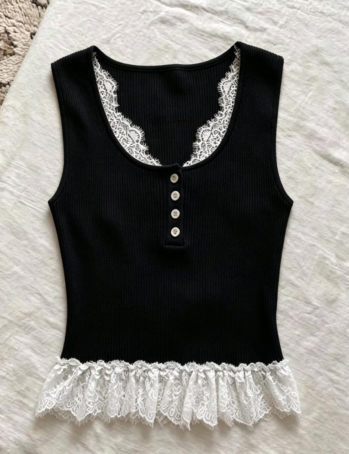 image:imageSpringrain Womens Slim Fit Ribbed Tank Tops with Lace TrimBlack