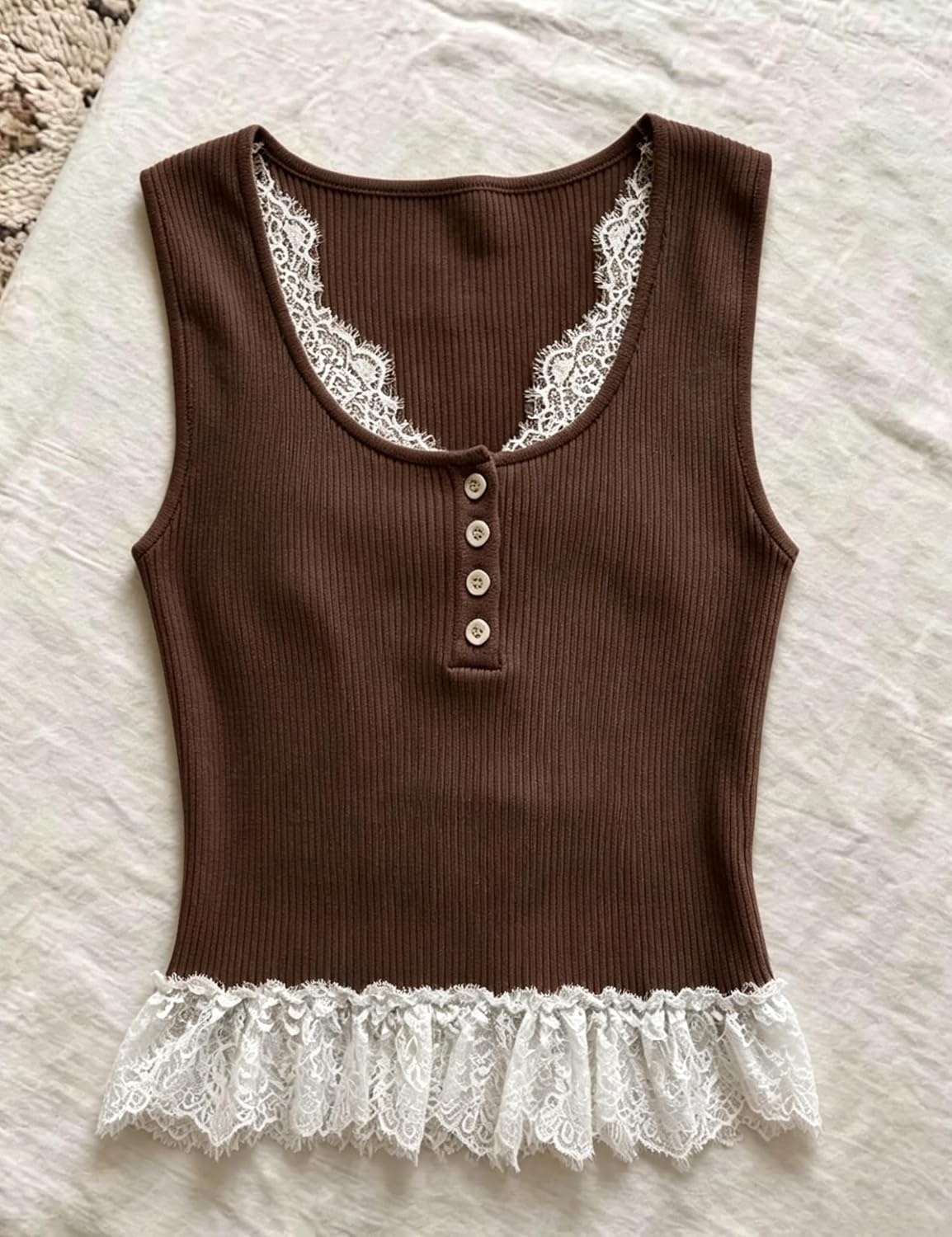 image:imageSpringrain Womens Slim Fit Ribbed Tank Tops with Lace TrimBrown