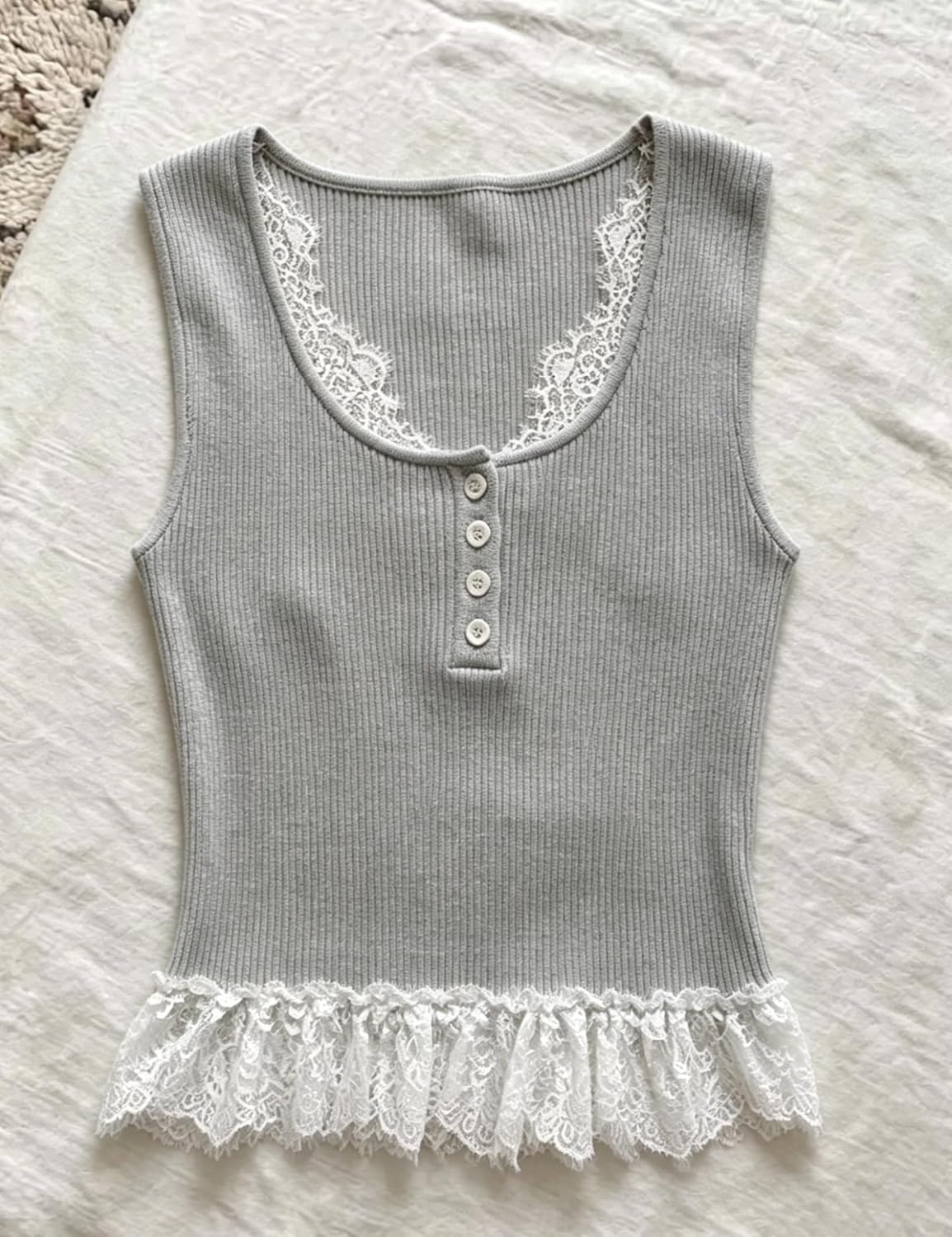 image:imageSpringrain Womens Slim Fit Ribbed Tank Tops with Lace TrimGrey