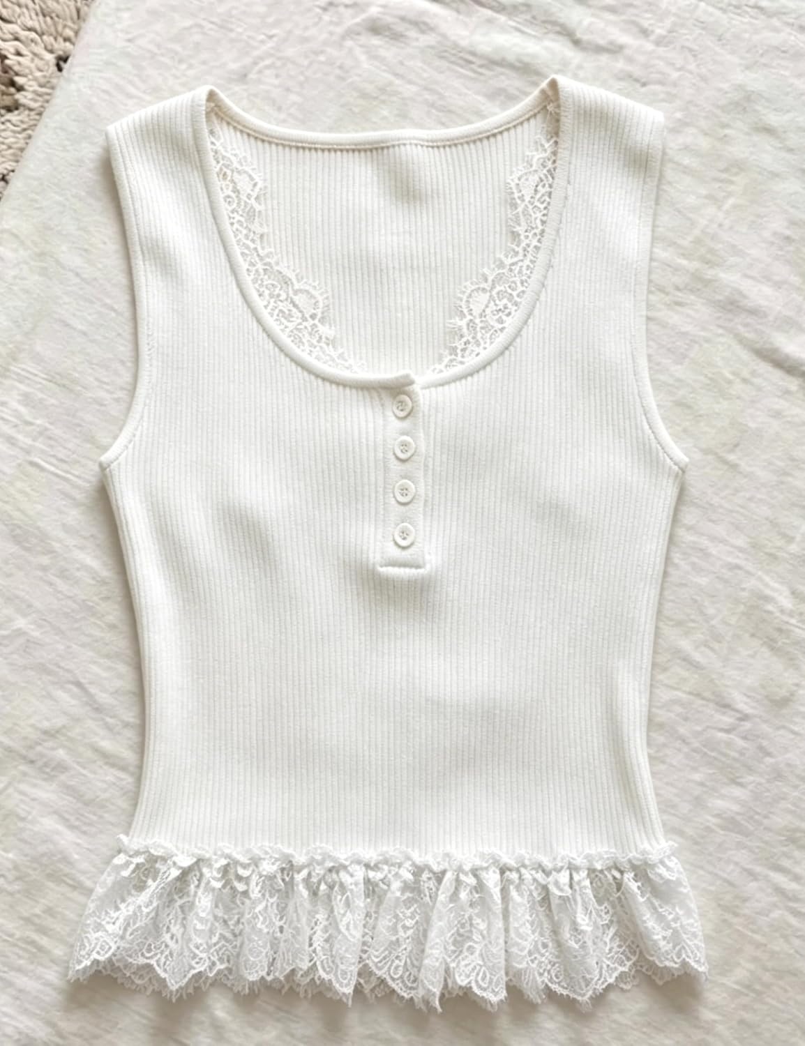 image:imageSpringrain Womens Slim Fit Ribbed Tank Tops with Lace TrimWhite