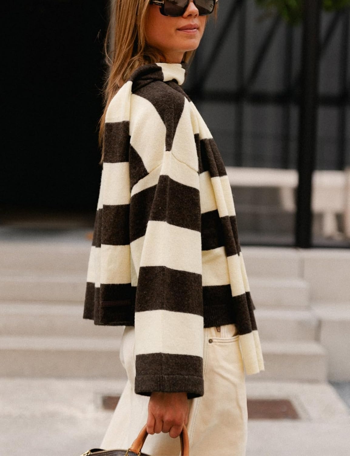image:imageSpringrain Womens Striped Knit Cardigan Long Sleeve Sweaters with ScarfBlack