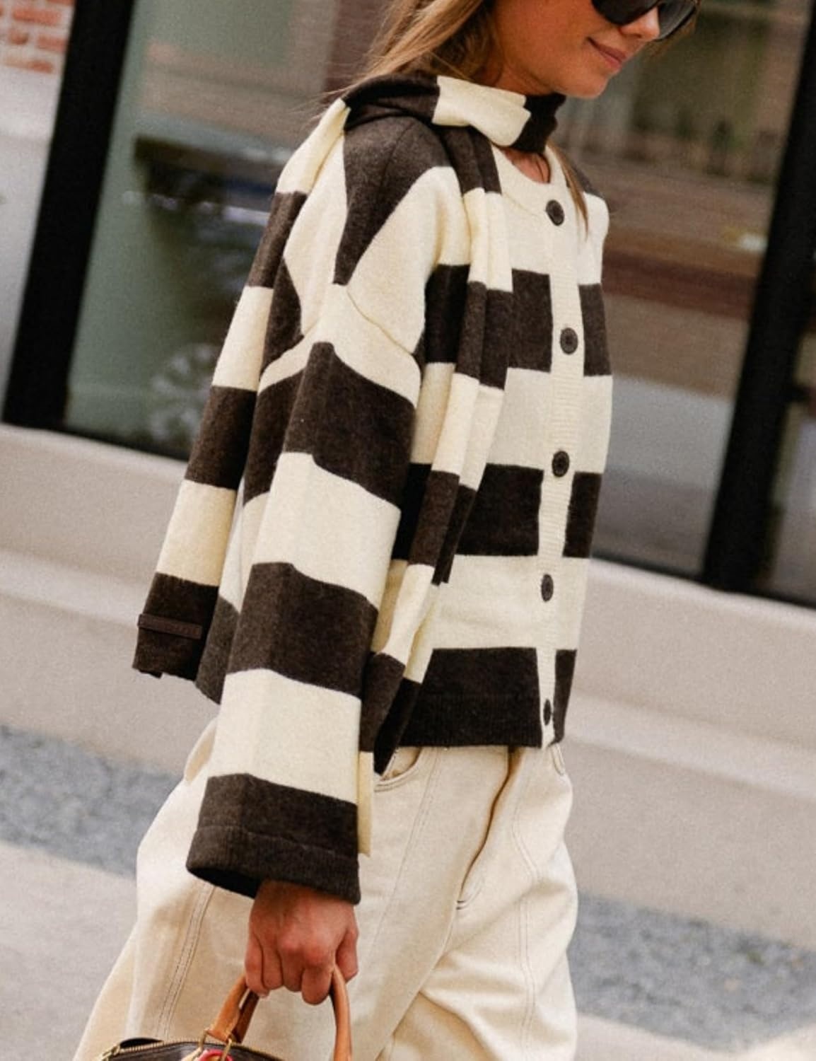 image:imageSpringrain Womens Striped Knit Cardigan Long Sleeve Sweaters with ScarfBlack