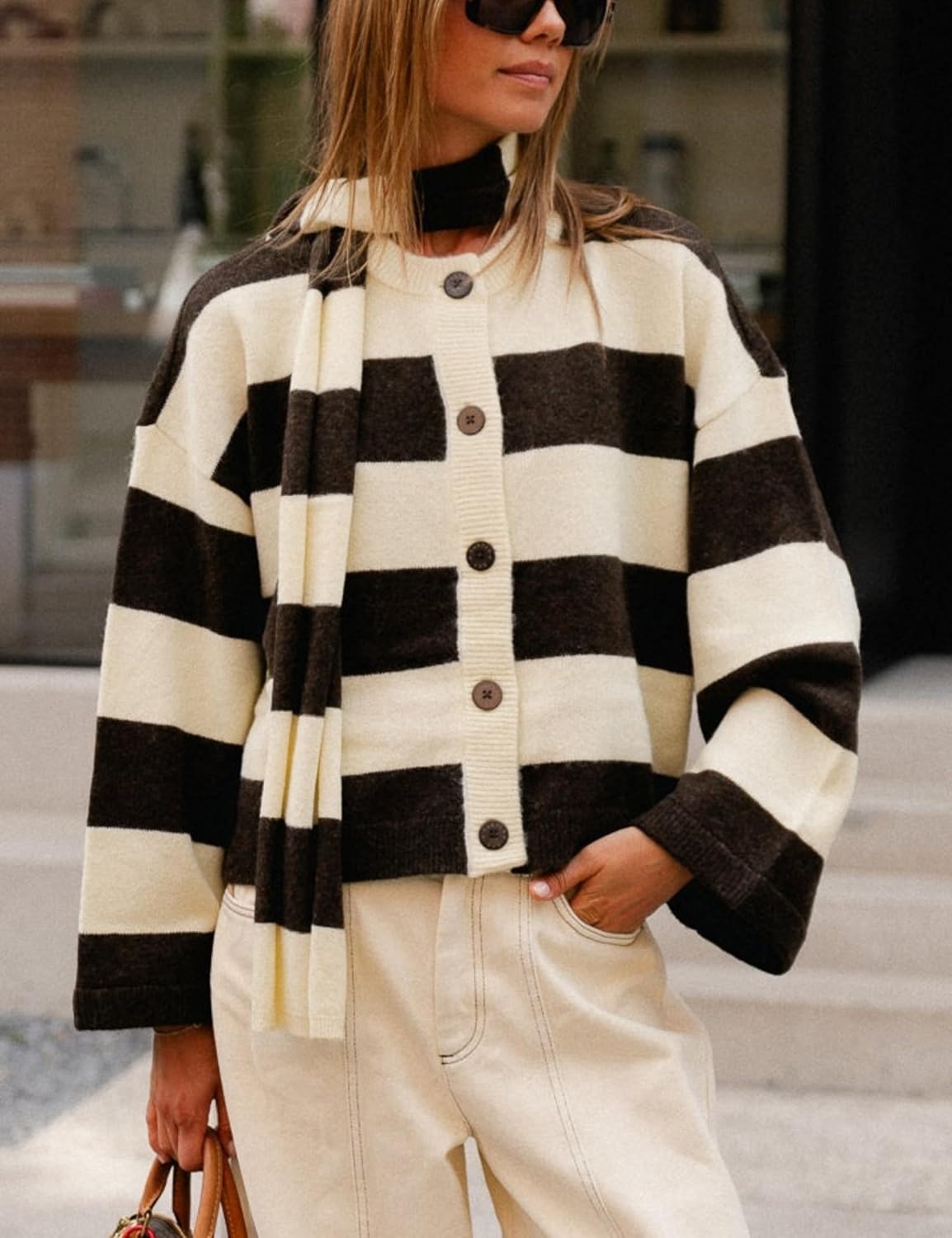 image:imageSpringrain Womens Striped Knit Cardigan Long Sleeve Sweaters with ScarfBlack