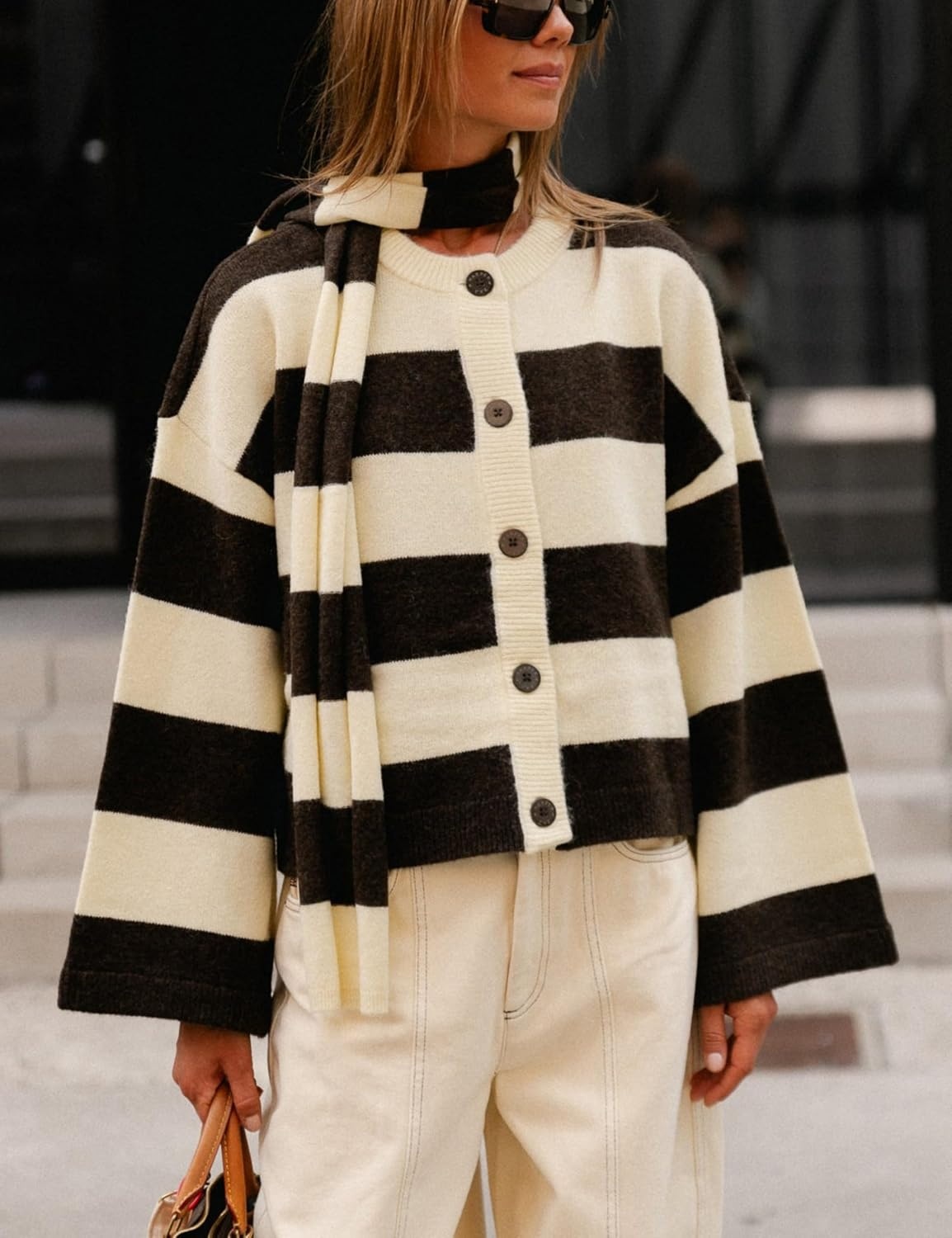 image:imageSpringrain Womens Striped Knit Cardigan Long Sleeve Sweaters with ScarfBlack