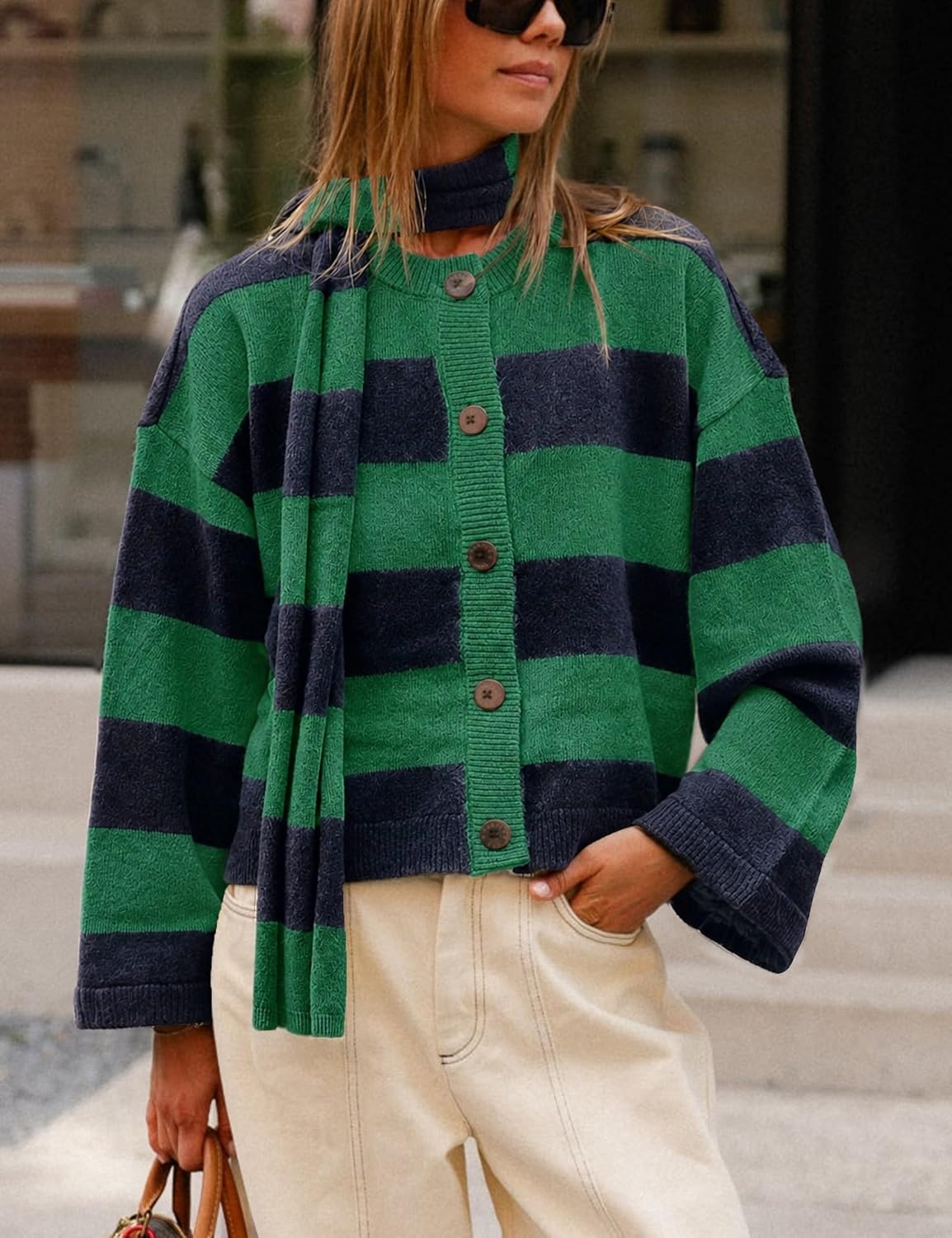 image:imageSpringrain Womens Striped Knit Cardigan Long Sleeve Sweaters with ScarfGreen