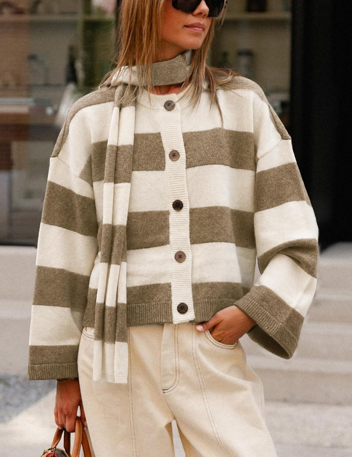 image:imageSpringrain Womens Striped Knit Cardigan Long Sleeve Sweaters with ScarfKhaki