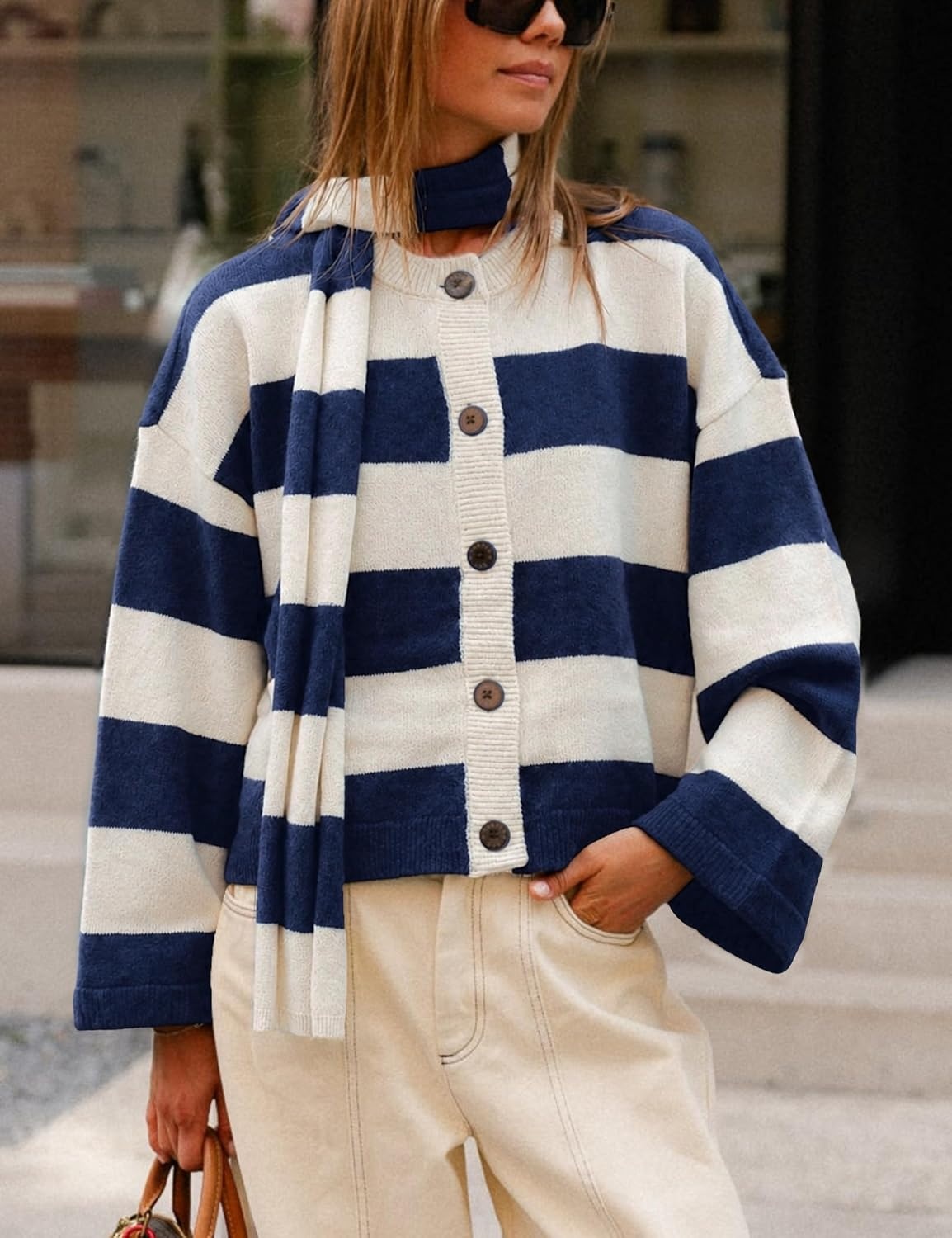 image:imageSpringrain Womens Striped Knit Cardigan Long Sleeve Sweaters with ScarfNavy