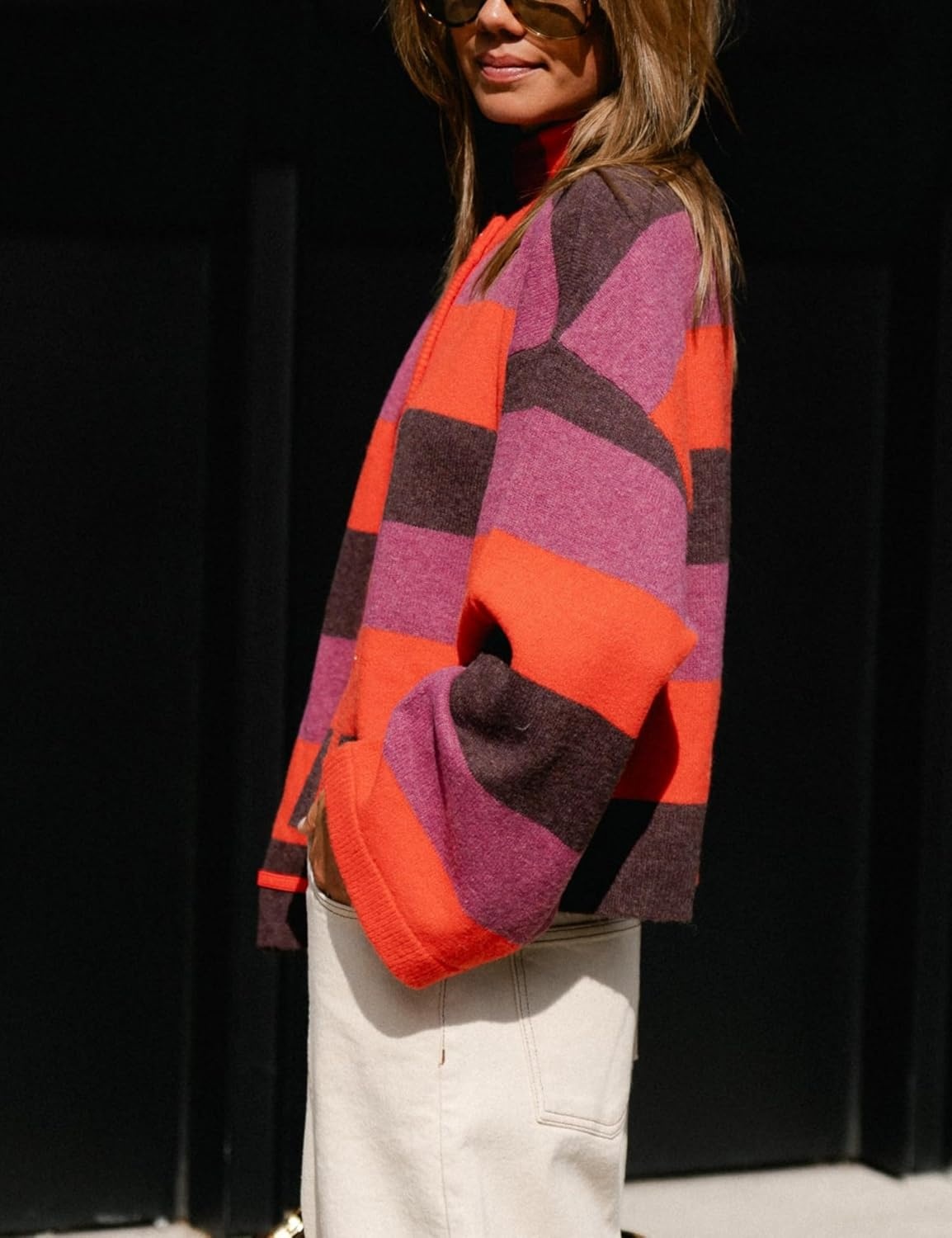 image:imageSpringrain Womens Striped Knit Cardigan Long Sleeve Sweaters with ScarfOrange