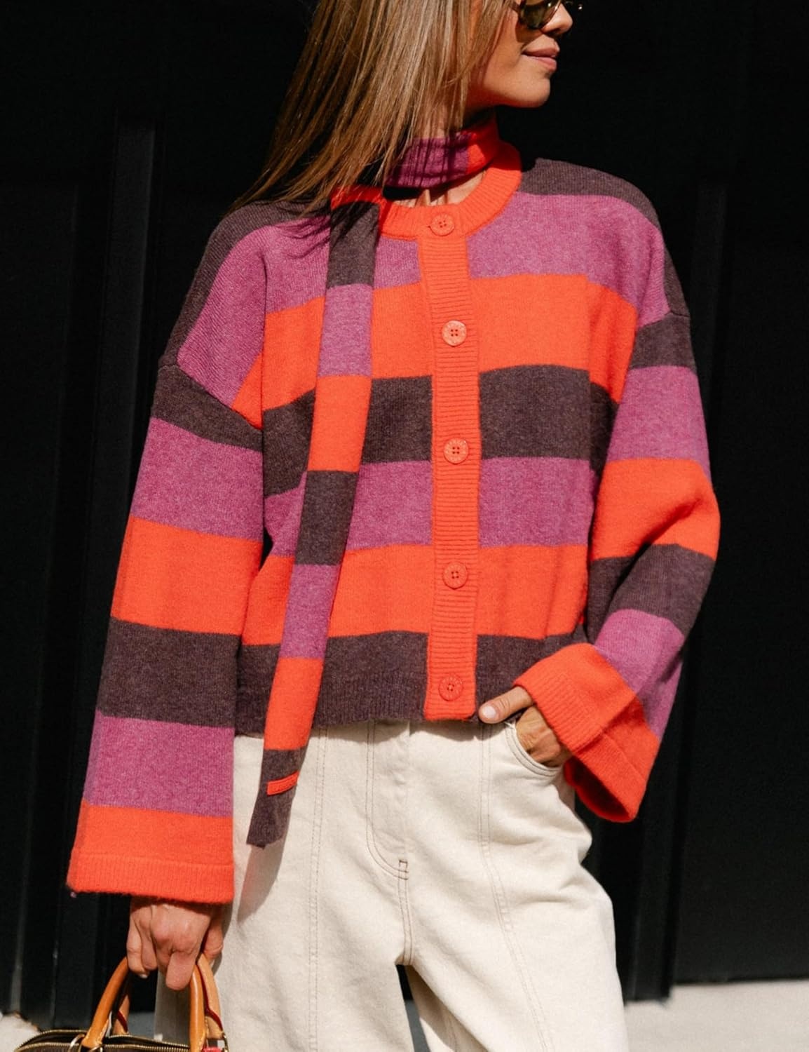 image:imageSpringrain Womens Striped Knit Cardigan Long Sleeve Sweaters with ScarfOrange