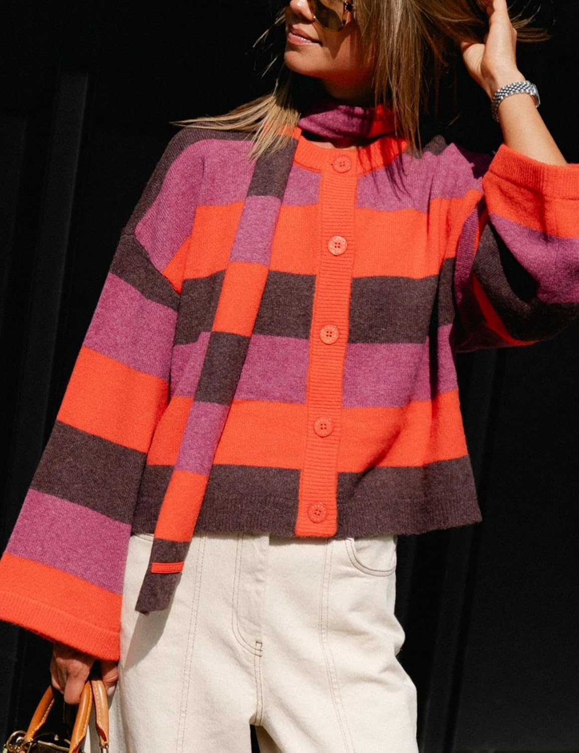 image:imageSpringrain Womens Striped Knit Cardigan Long Sleeve Sweaters with ScarfOrange