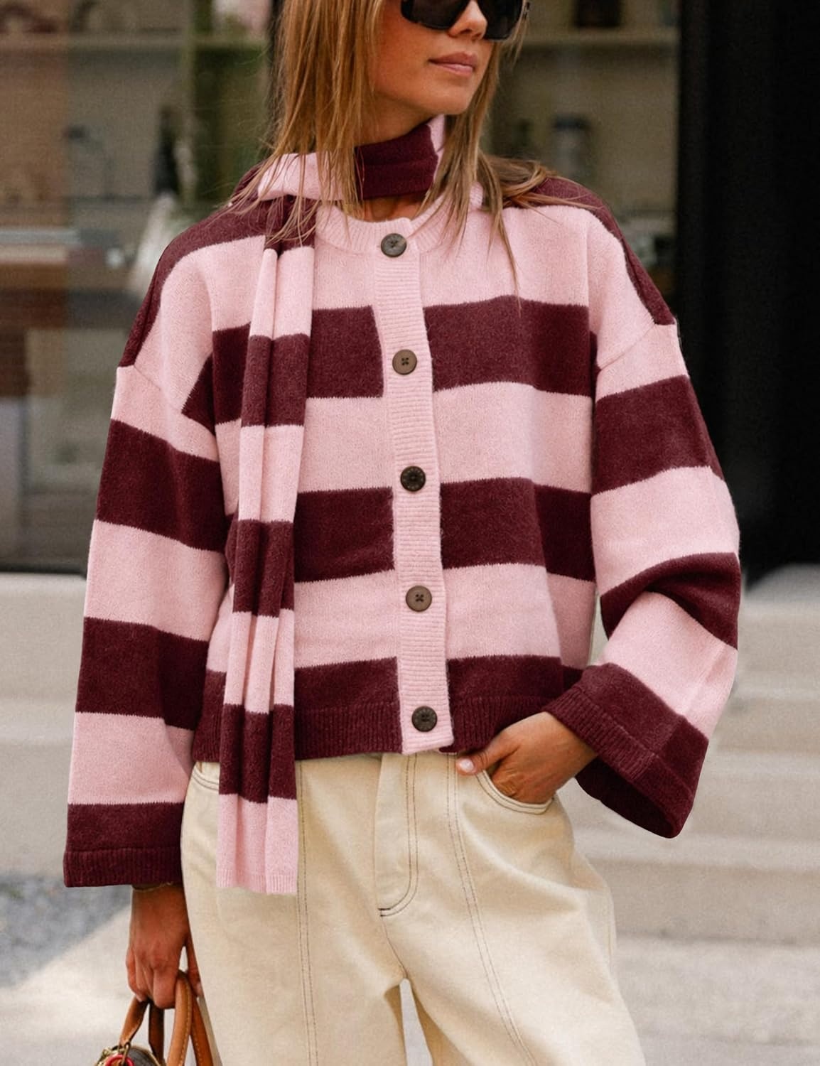 image:imageSpringrain Womens Striped Knit Cardigan Long Sleeve Sweaters with ScarfPink