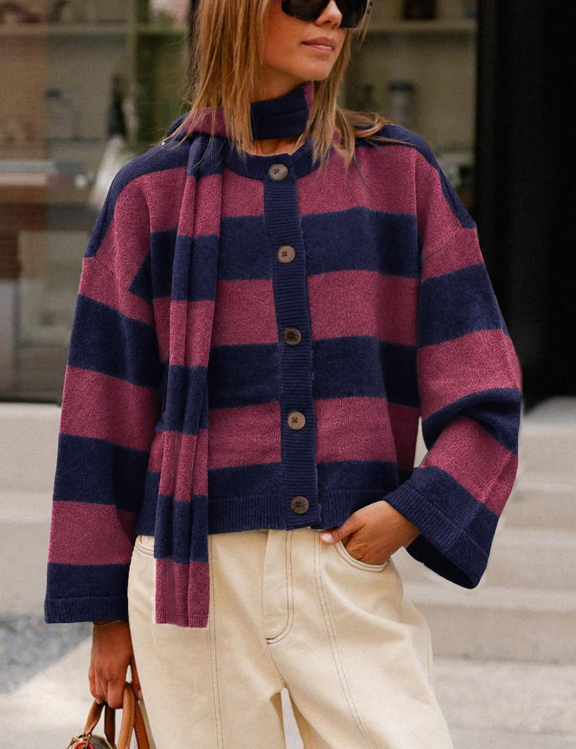 image:imageSpringrain Womens Striped Knit Cardigan Long Sleeve Sweaters with ScarfPurple