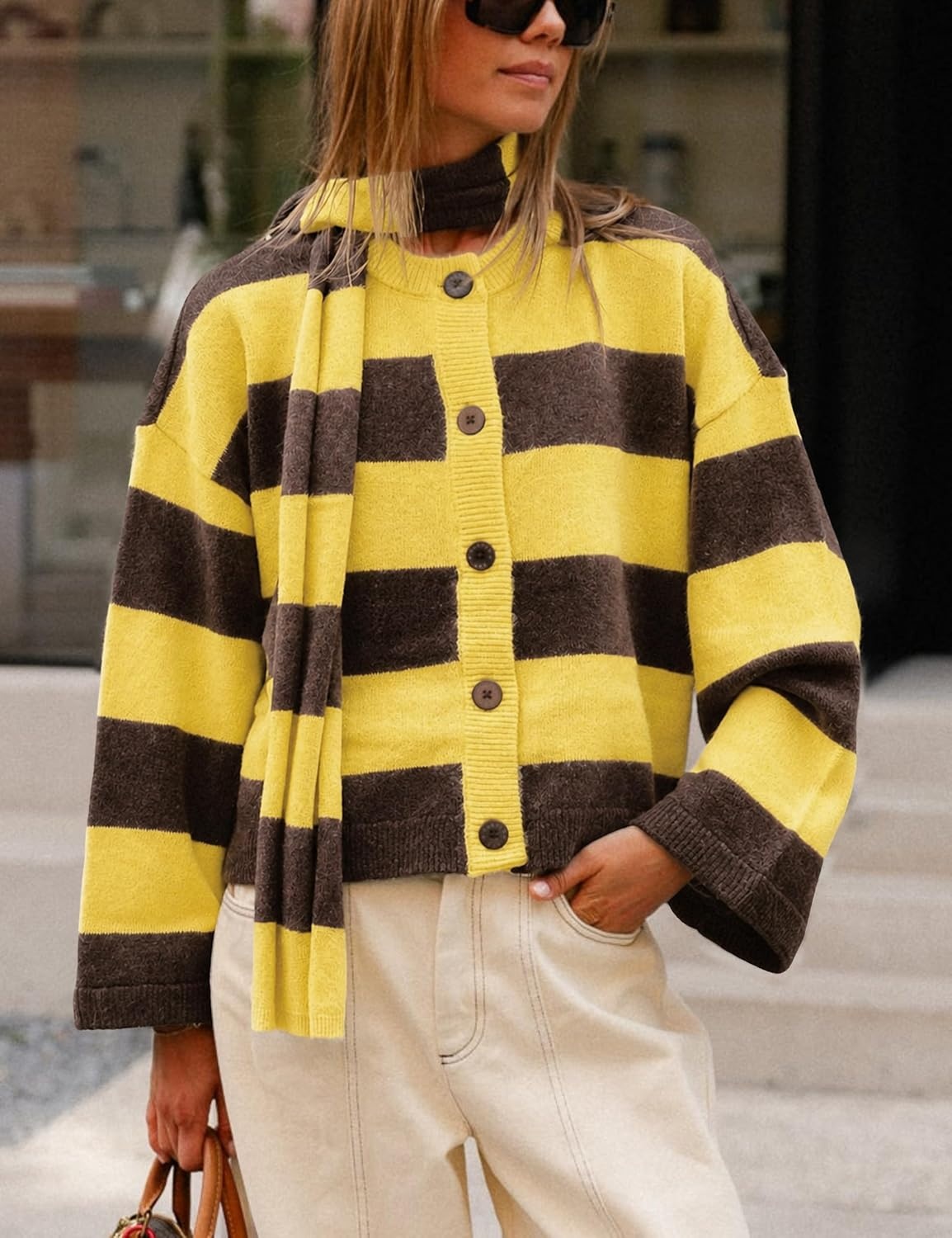image:imageSpringrain Womens Striped Knit Cardigan Long Sleeve Sweaters with ScarfYellow