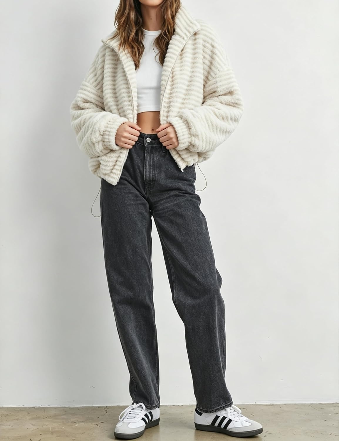 image:imageSpringrain Womens Striped Zip Up Fleece Jacket Winter Casual CoatBeige