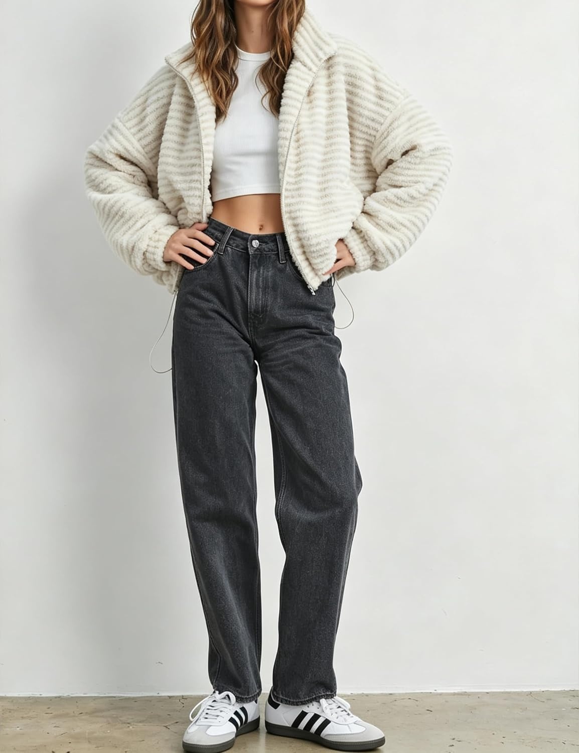 image:imageSpringrain Womens Striped Zip Up Fleece Jacket Winter Casual CoatBeige