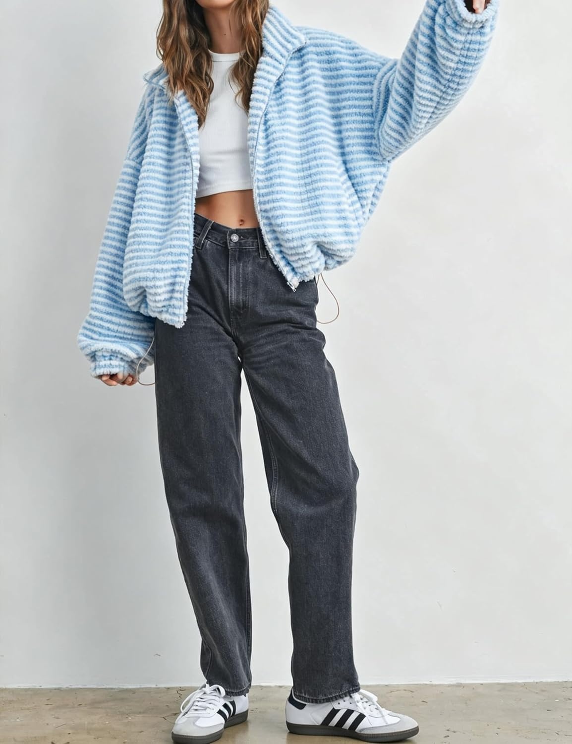 image:imageSpringrain Womens Striped Zip Up Fleece Jacket Winter Casual CoatBlue