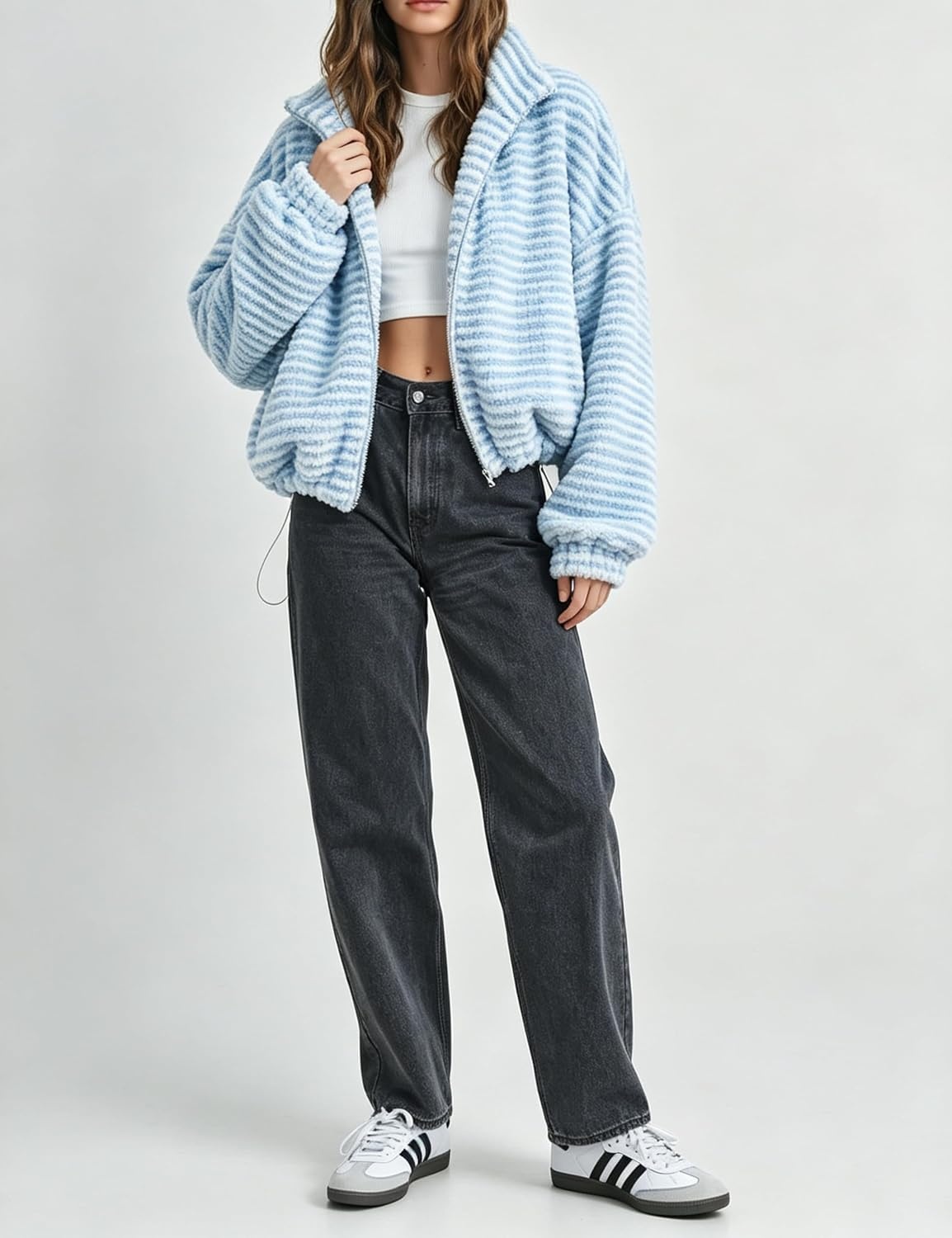 image:imageSpringrain Womens Striped Zip Up Fleece Jacket Winter Casual CoatBlue