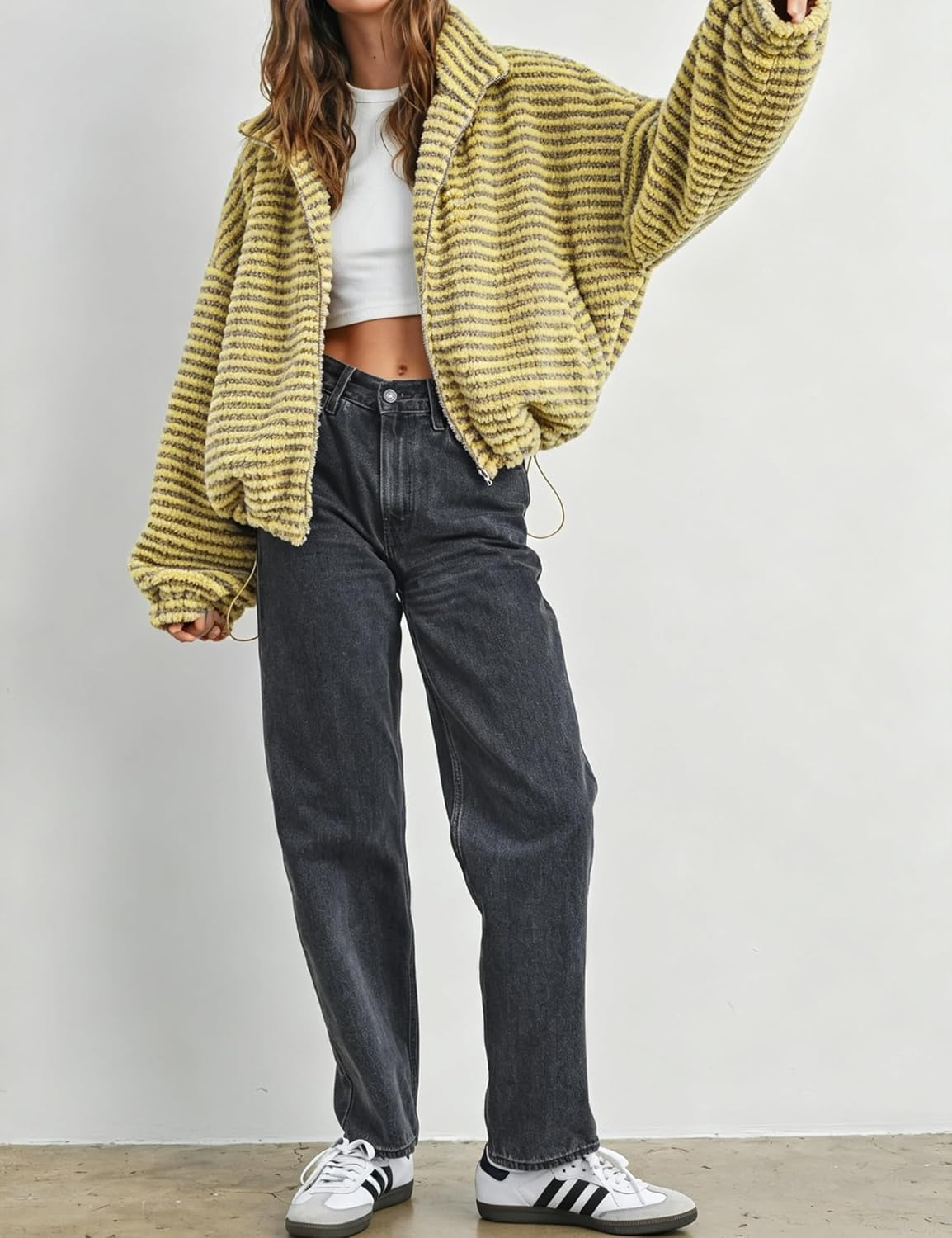 image:imageSpringrain Womens Striped Zip Up Fleece Jacket Winter Casual CoatGinger