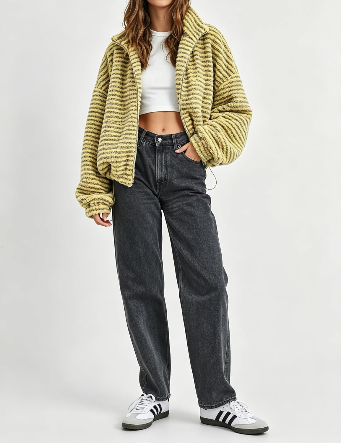 image:imageSpringrain Womens Striped Zip Up Fleece Jacket Winter Casual CoatGinger