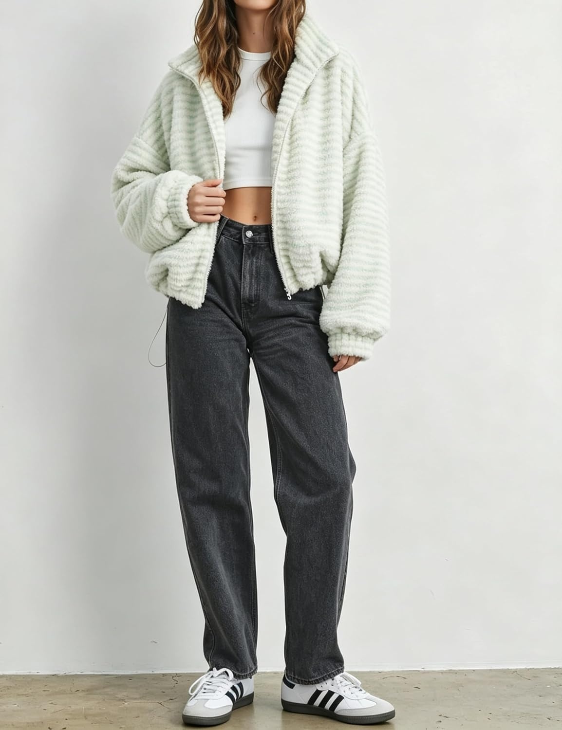 image:imageSpringrain Womens Striped Zip Up Fleece Jacket Winter Casual CoatMint