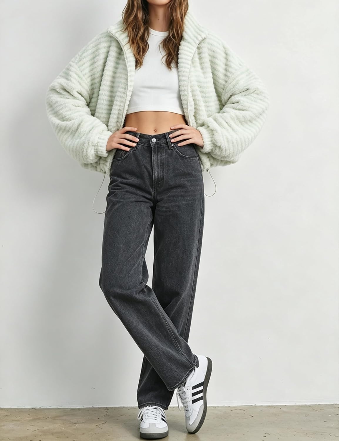 image:imageSpringrain Womens Striped Zip Up Fleece Jacket Winter Casual CoatMint