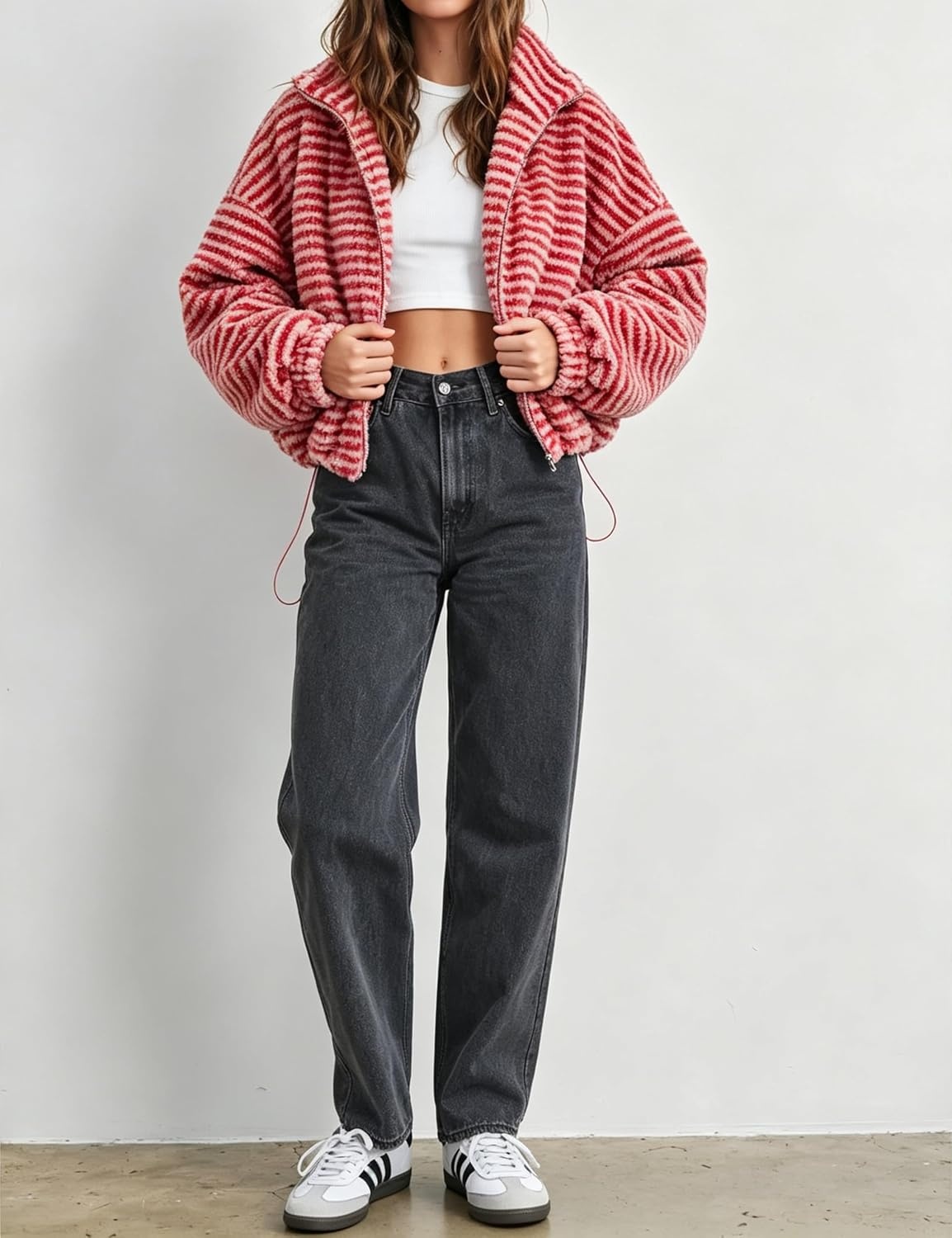 image:imageSpringrain Womens Striped Zip Up Fleece Jacket Winter Casual CoatRed
