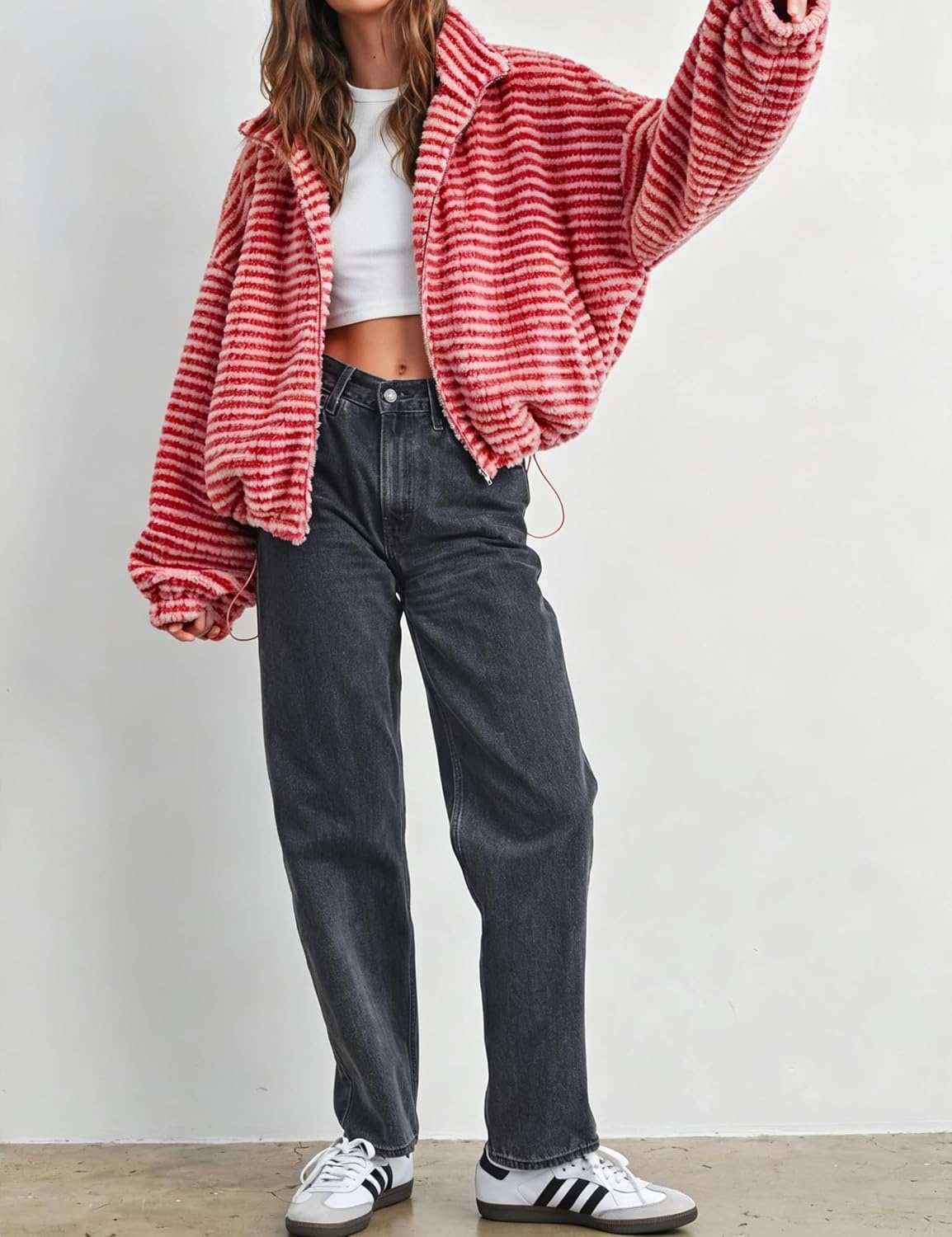 image:imageSpringrain Womens Striped Zip Up Fleece Jacket Winter Casual CoatRed