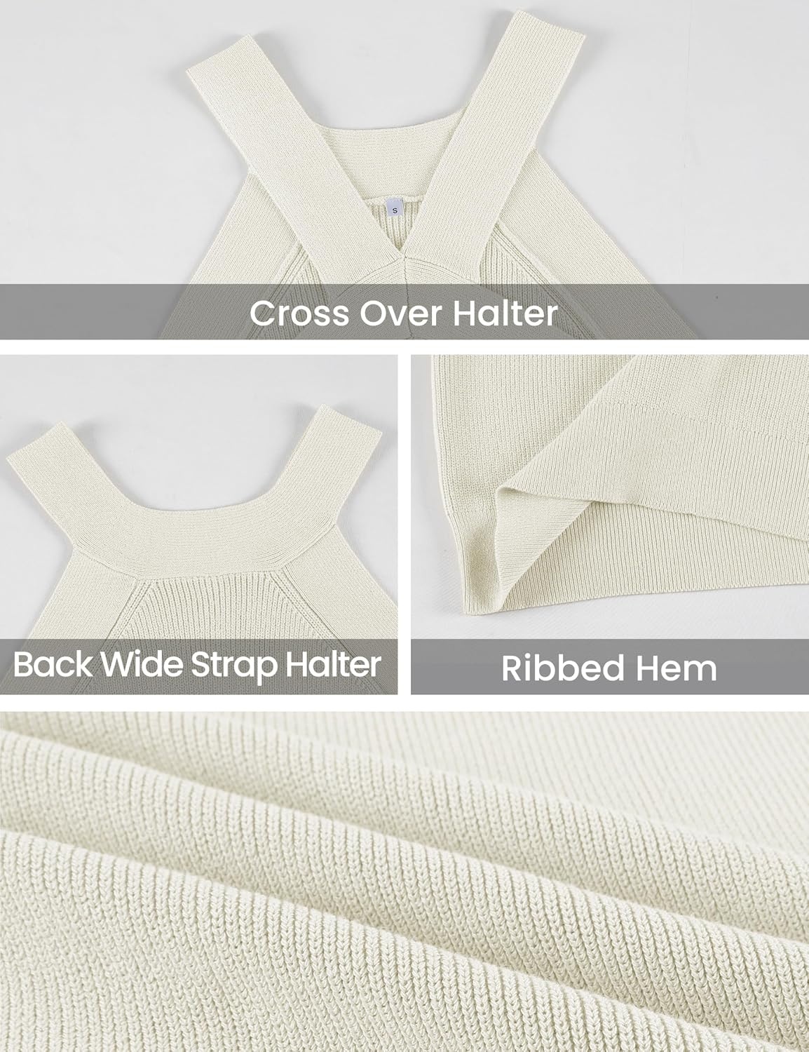 image:imageSpringrain Womens Summer Cross Over Halter Knit Tank Tops Casual Sleeveless V Neck Solid PulloverBeige