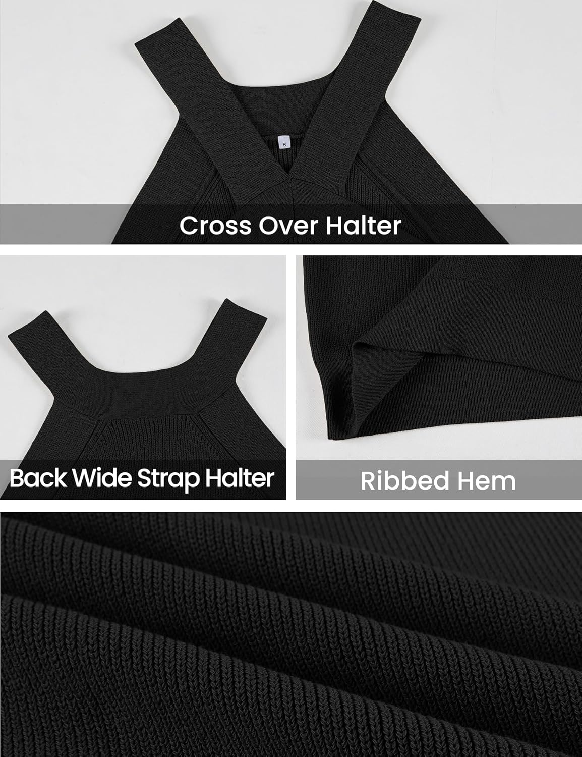 image:imageSpringrain Womens Summer Cross Over Halter Knit Tank Tops Casual Sleeveless V Neck Solid PulloverBlack