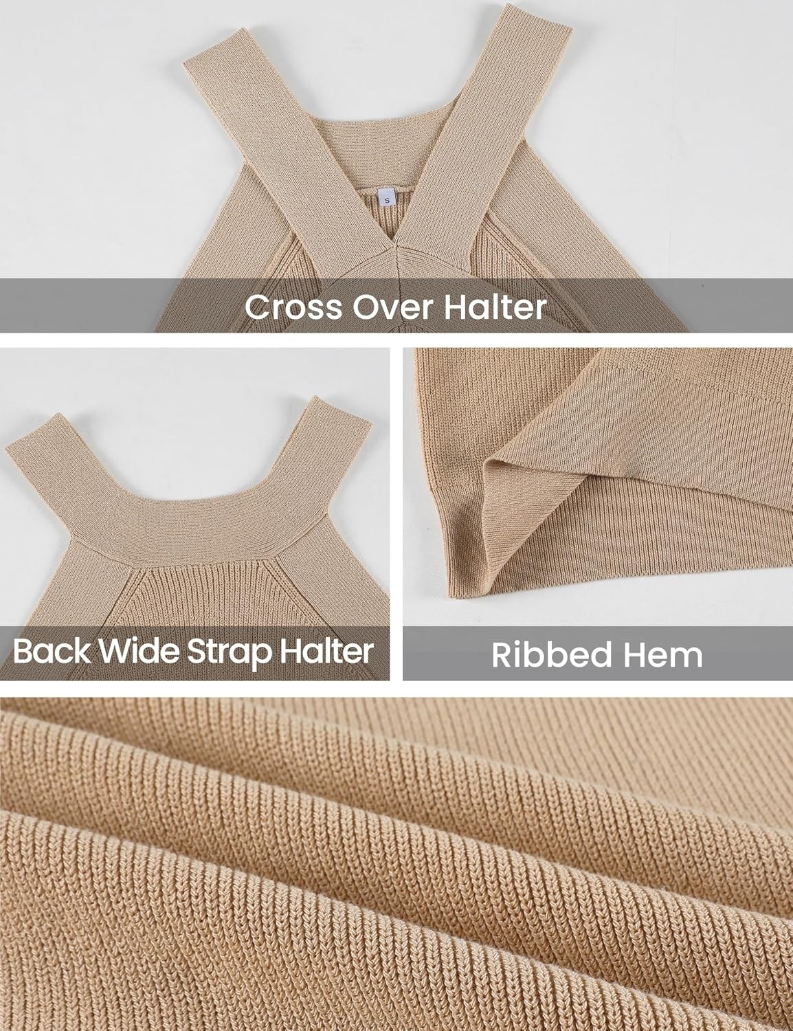 image:imageSpringrain Womens Summer Cross Over Halter Knit Tank Tops Casual Sleeveless V Neck Solid PulloverKhaki