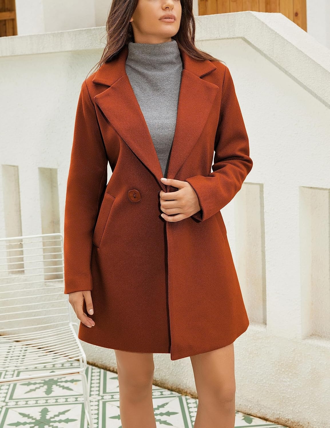 image:imageSpringrain Womens Wool Pea Coat Double Breasted Trench CoatCaramel