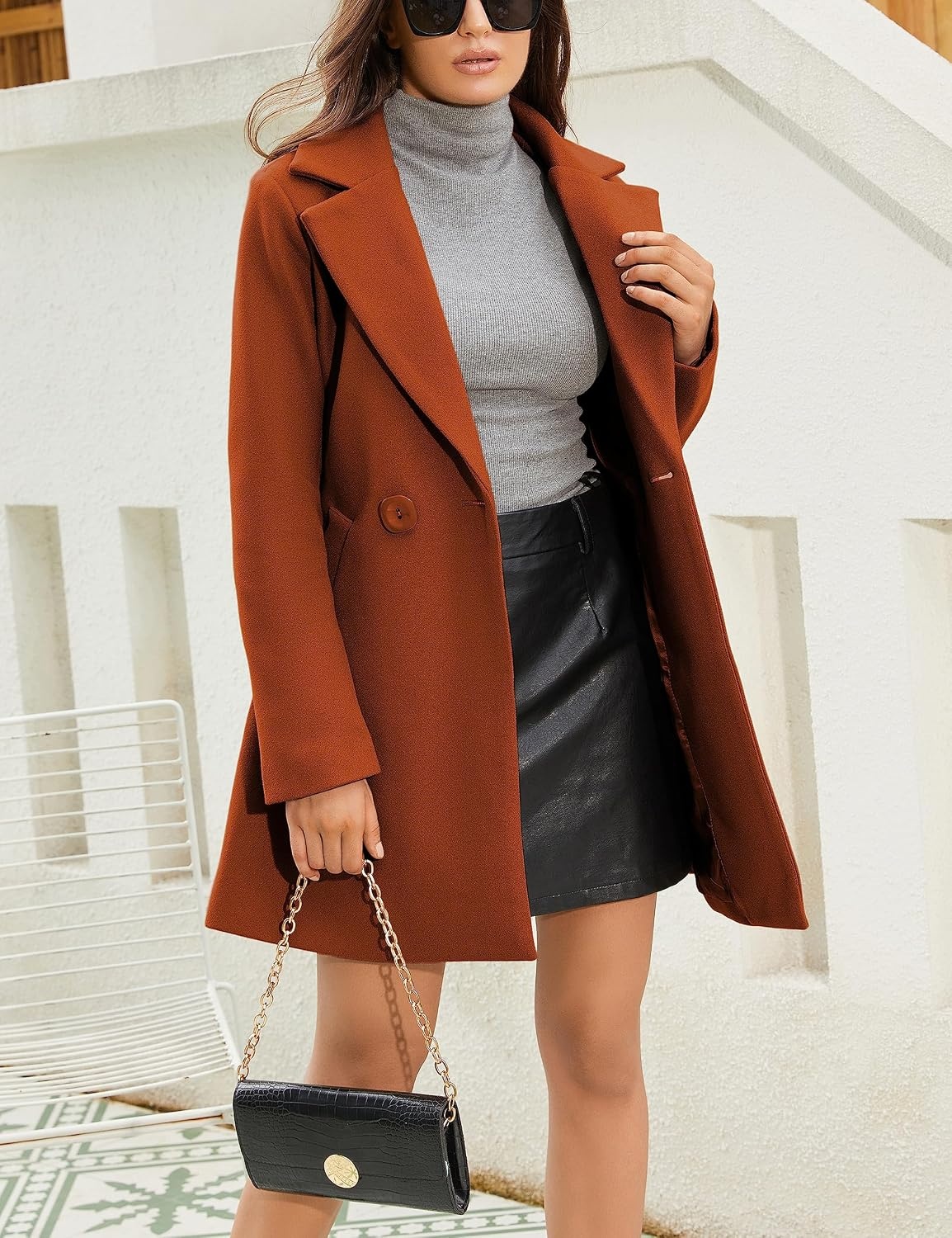 image:imageSpringrain Womens Wool Pea Coat Double Breasted Trench CoatCaramel