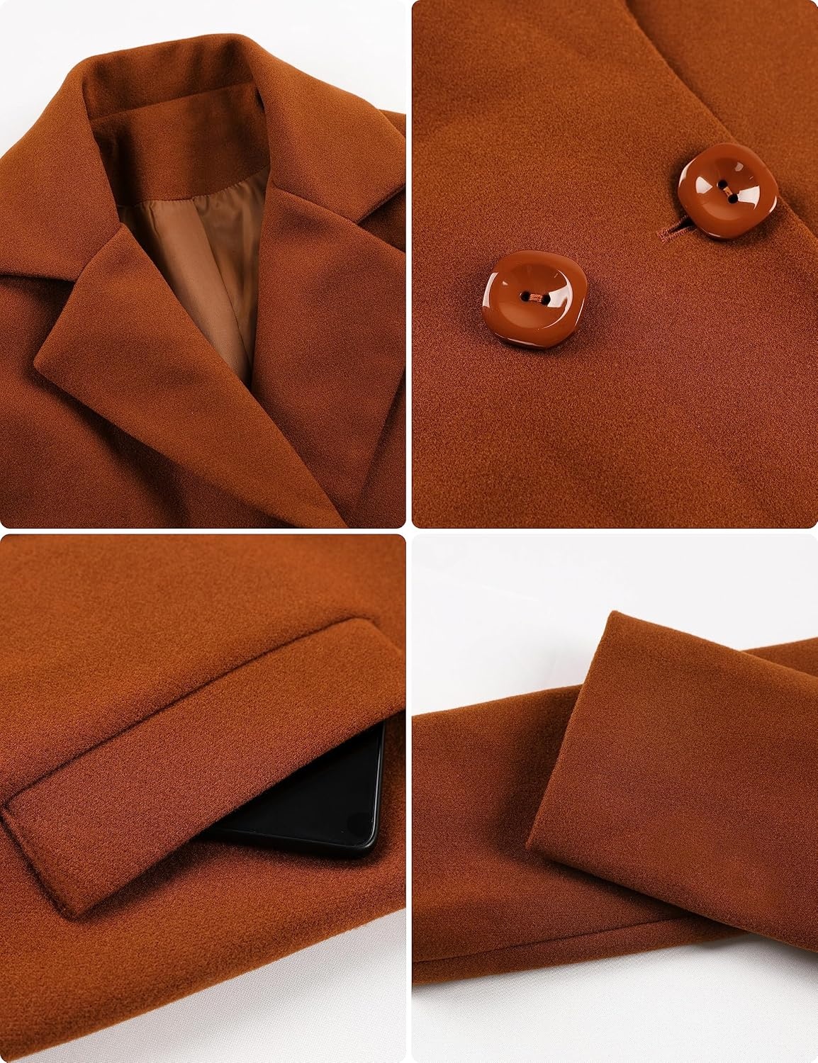 image:imageSpringrain Womens Wool Pea Coat Double Breasted Trench CoatCaramel