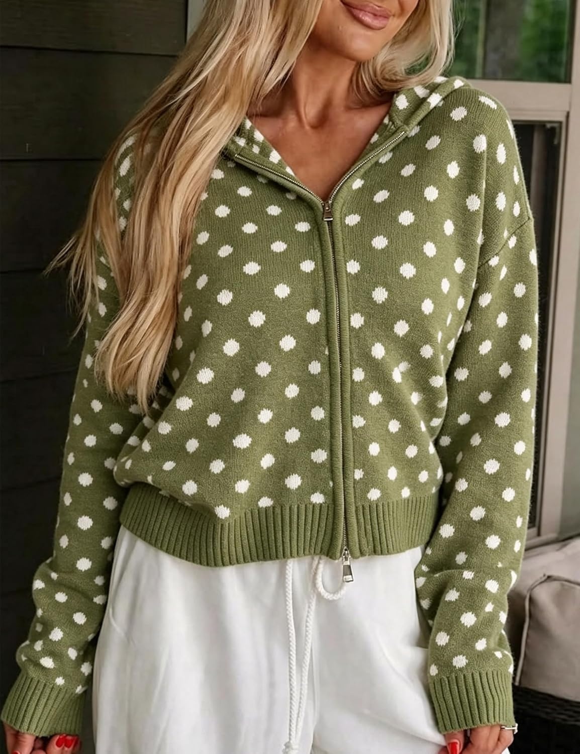 image:imageSpringrain Womens Zip Up Sweater Polka Dot Knit CardiganArmygreen