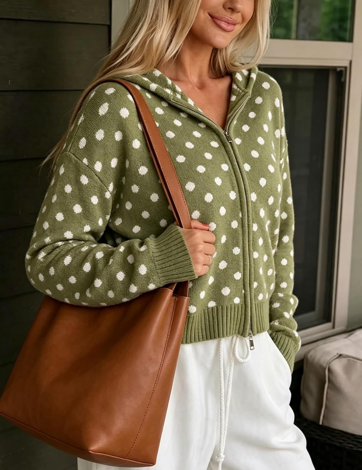 image:imageSpringrain Womens Zip Up Sweater Polka Dot Knit CardiganArmygreen