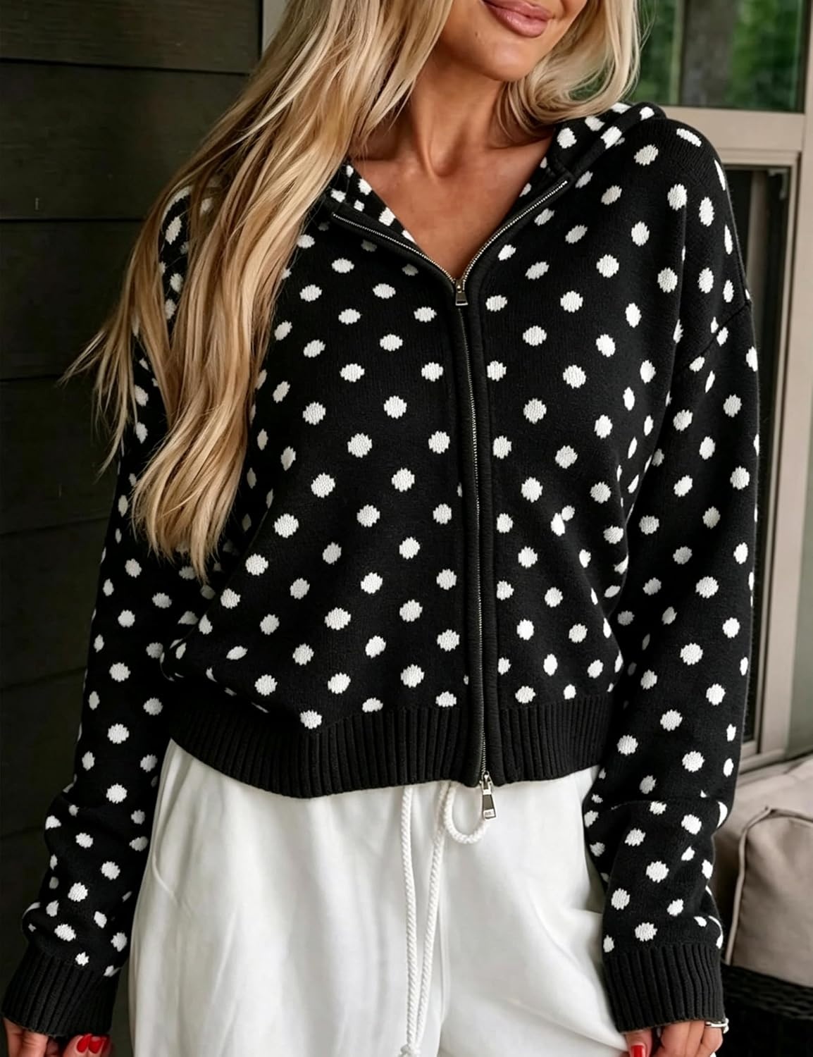 image:imageSpringrain Womens Zip Up Sweater Polka Dot Knit CardiganBlack