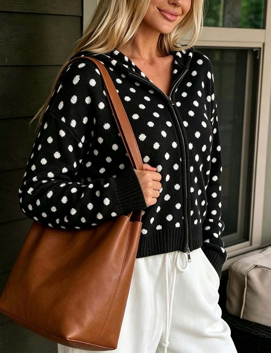 image:imageSpringrain Womens Zip Up Sweater Polka Dot Knit CardiganBlack
