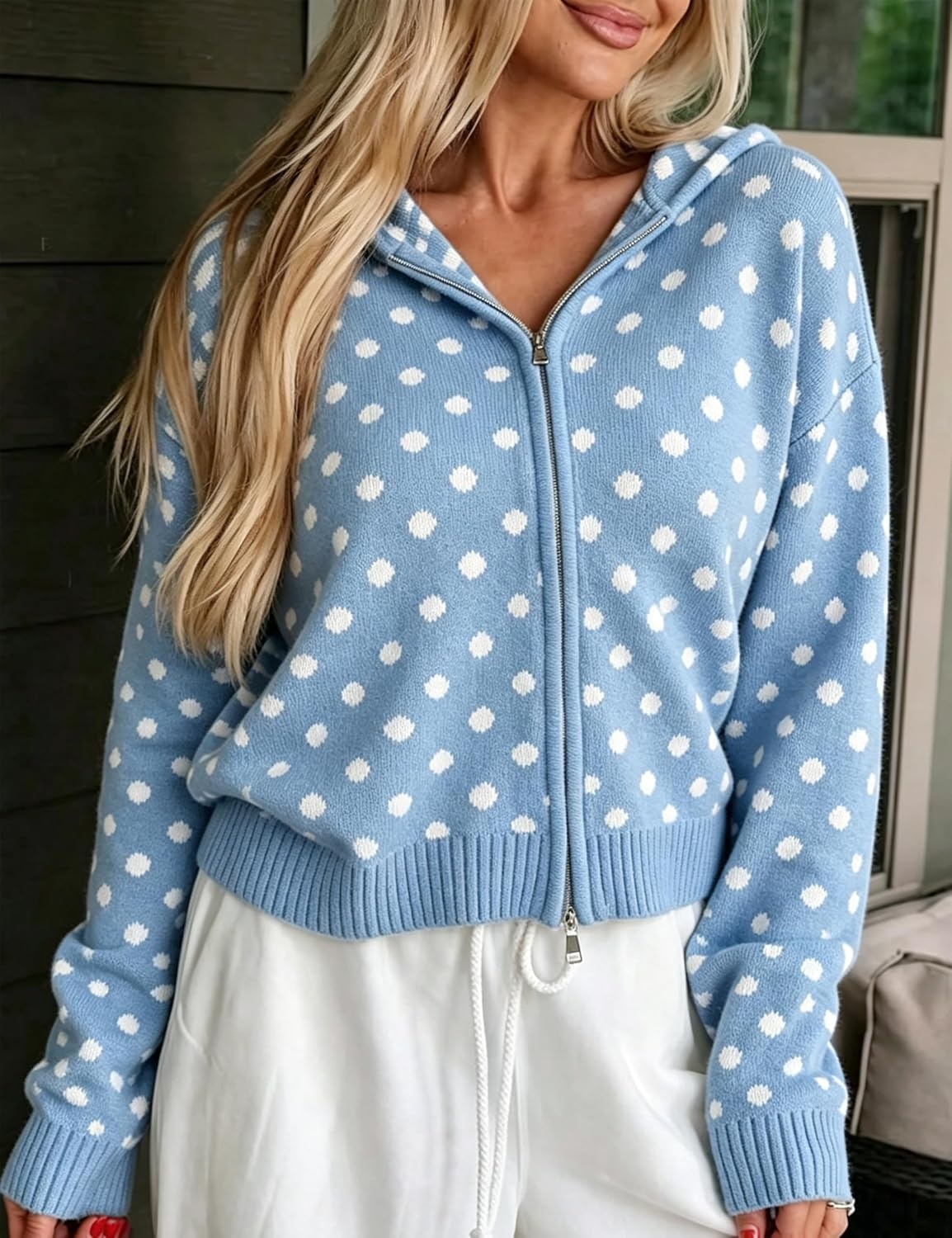 image:imageSpringrain Womens Zip Up Sweater Polka Dot Knit CardiganBlue