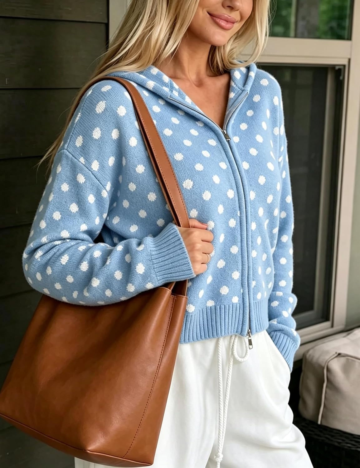 image:imageSpringrain Womens Zip Up Sweater Polka Dot Knit CardiganBlue
