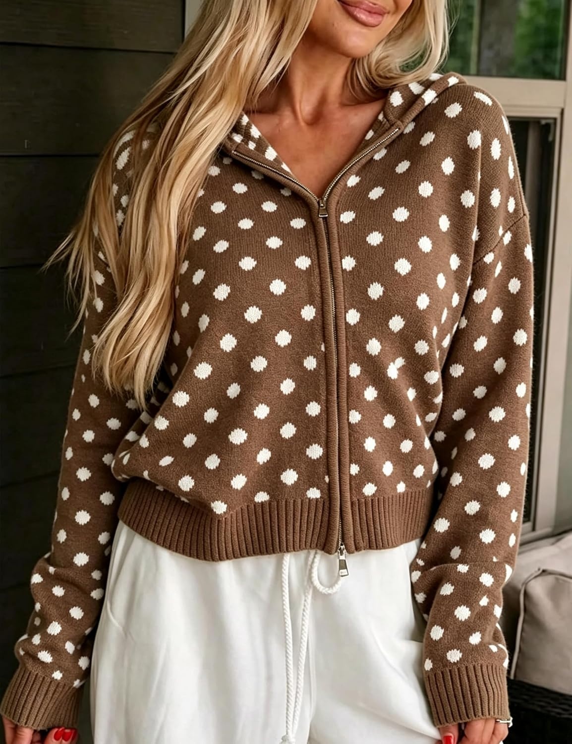 image:imageSpringrain Womens Zip Up Sweater Polka Dot Knit CardiganBrown
