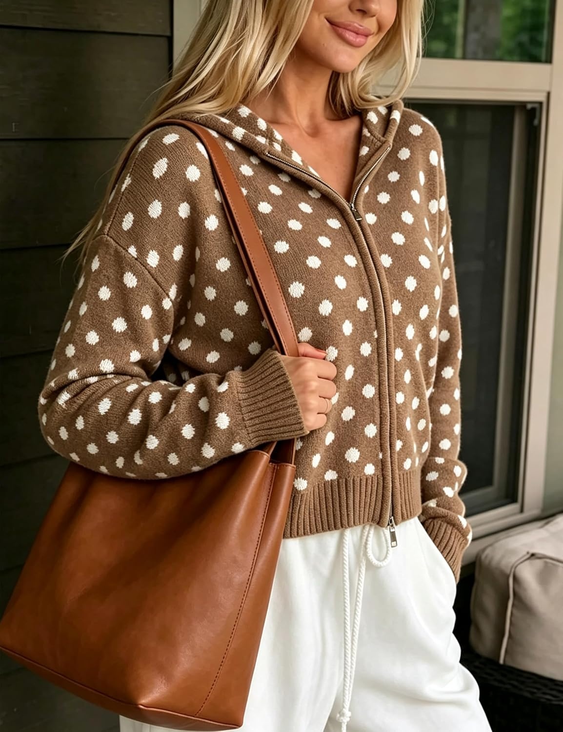 image:imageSpringrain Womens Zip Up Sweater Polka Dot Knit CardiganBrown