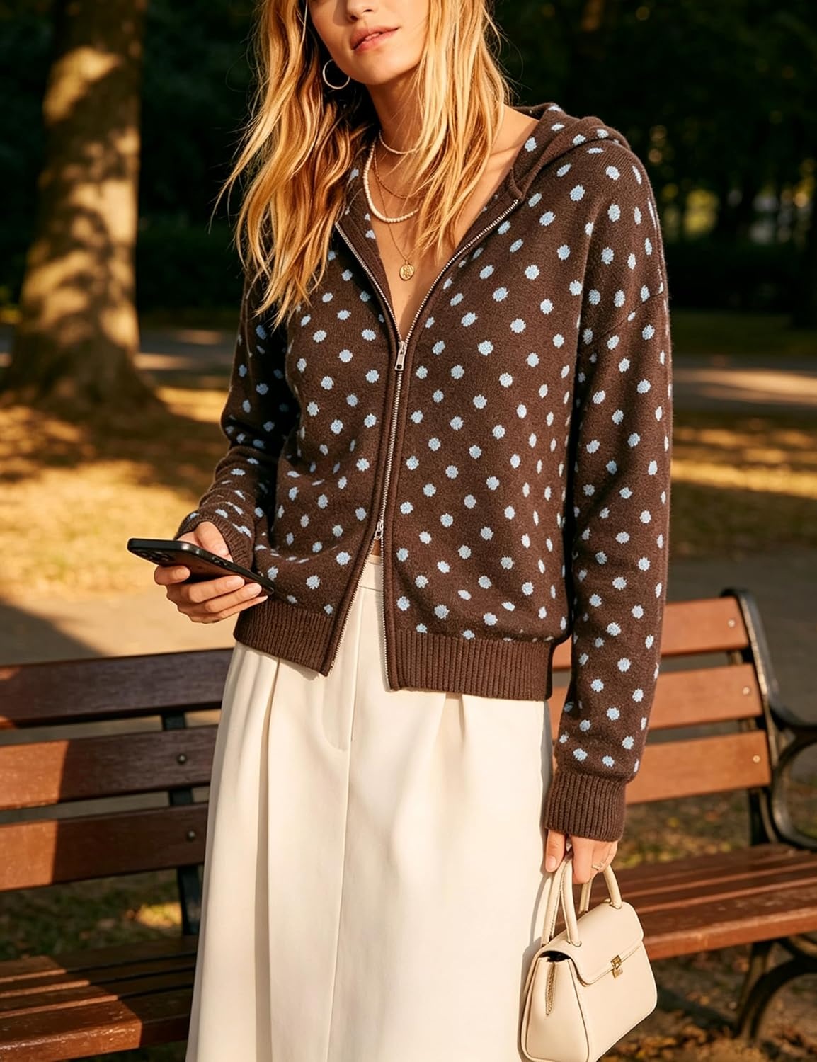image:imageSpringrain Womens Zip Up Sweater Polka Dot Knit CardiganCoffee