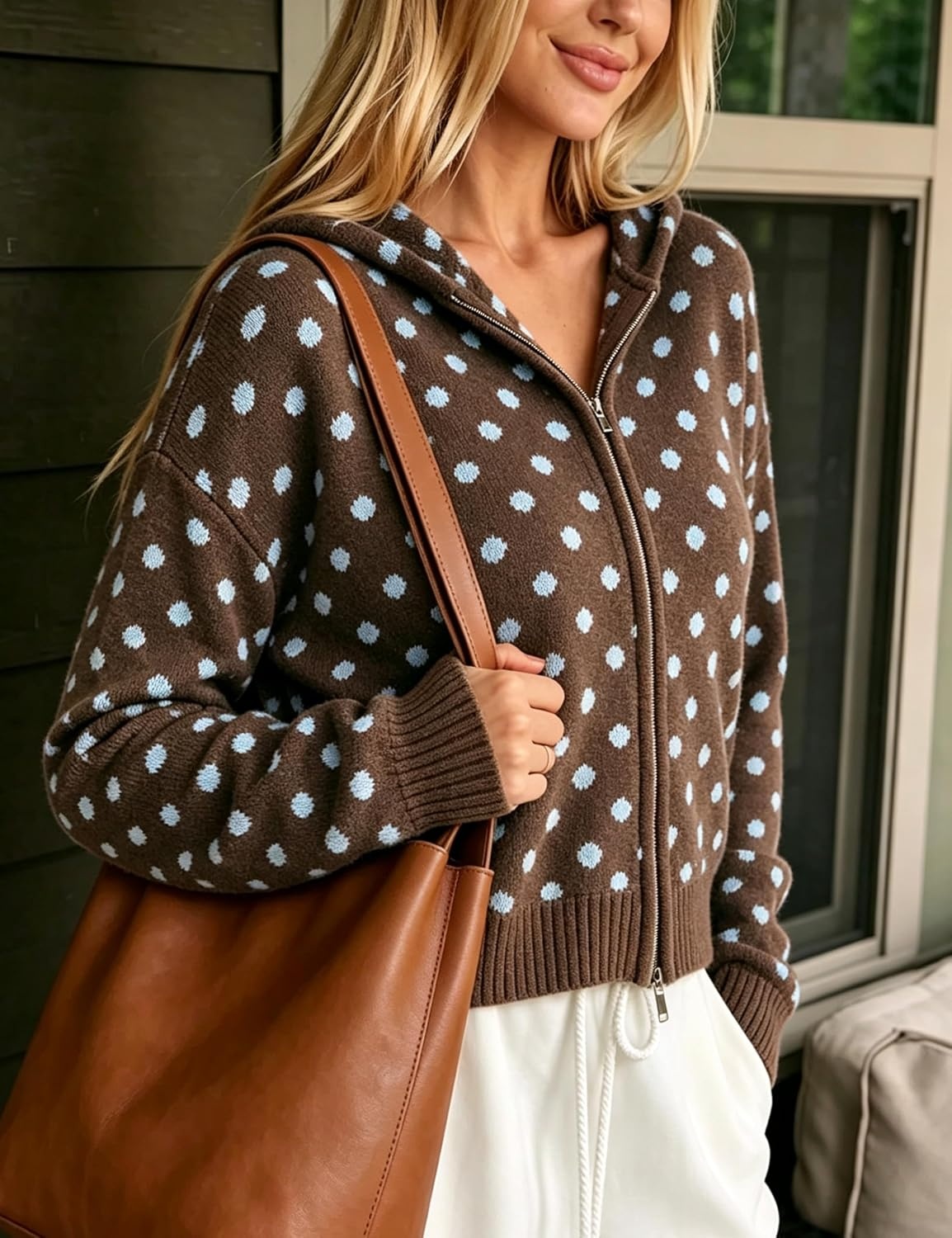 image:imageSpringrain Womens Zip Up Sweater Polka Dot Knit CardiganCoffee
