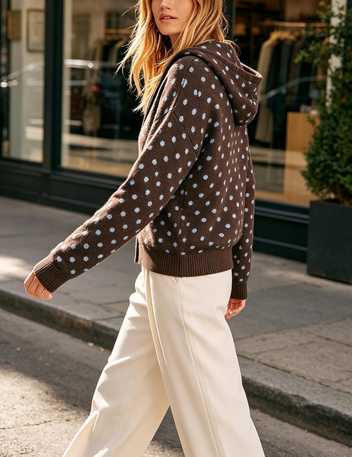 image:imageSpringrain Womens Zip Up Sweater Polka Dot Knit CardiganCoffee