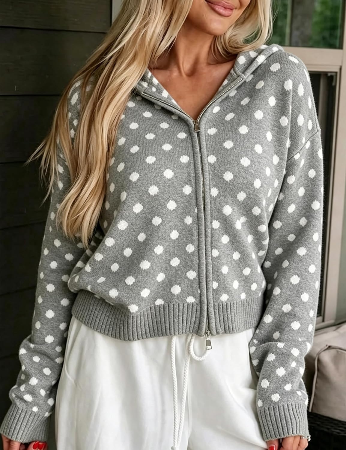 image:imageSpringrain Womens Zip Up Sweater Polka Dot Knit CardiganGrey