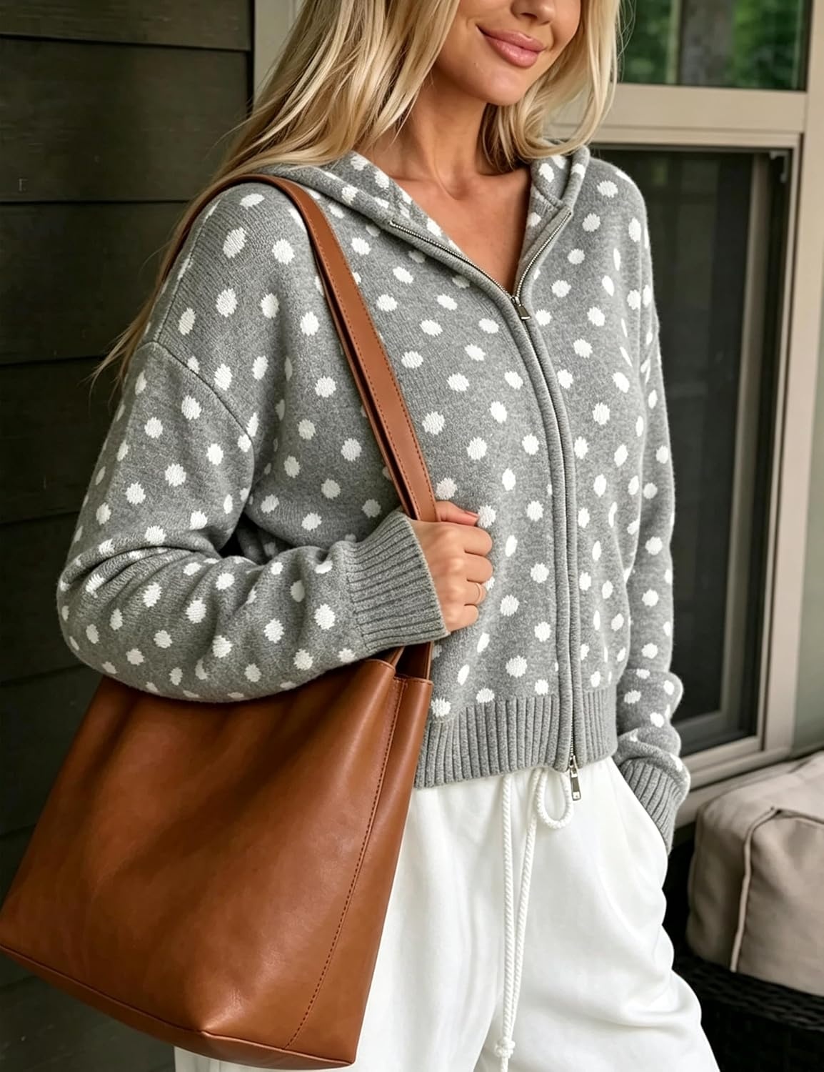 image:imageSpringrain Womens Zip Up Sweater Polka Dot Knit CardiganGrey